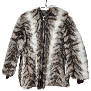 Vintage Kids Faux Fur Hooded Jacket Size XL (14/16) Brown Quilted Lining
